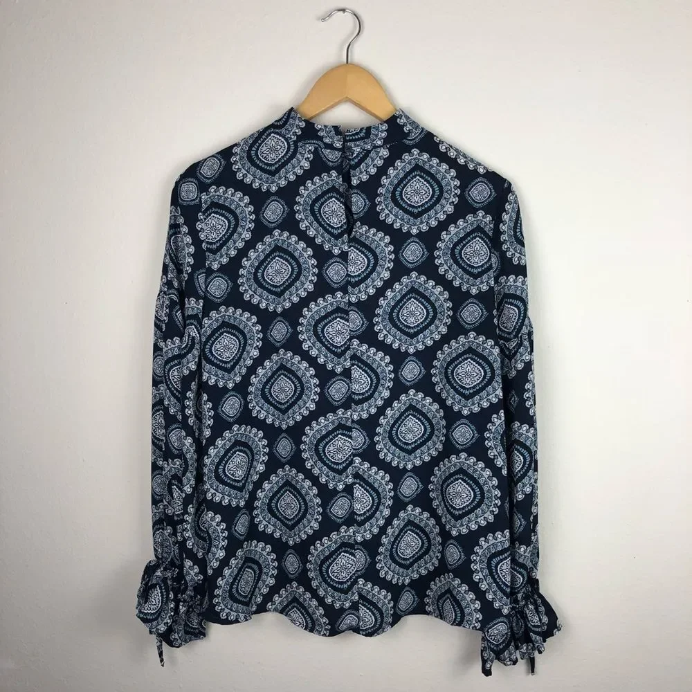 LOFT Paisley Print Drawstring Puff Sleeve Blouse Size S